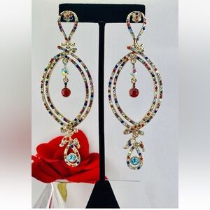 Pageant Prom Multi Color Crystal Dangle Pierced Earrings Antique Gold Tone 5" L